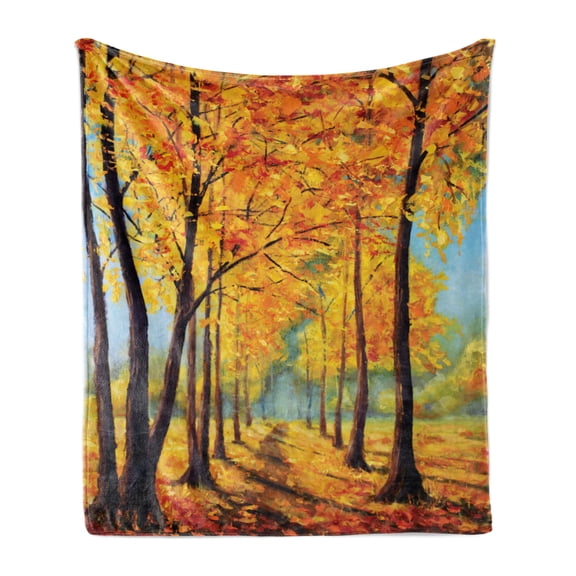 Country Soft Flannel Fleece Blanket, Painting of a Park in Autumn Fall with Pale Warm Tone Leaves Harmony Nature Print, Cozy Plush for Indoor and Outdoor Use, 50" x 70", Yellow Brown, by Ambesonne