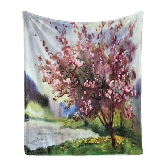 Country Soft Flannel Fleece Blanket, Painting of Spring Landscape Blooming Nature Flowering Tree and Fresh Grass Nature, Cozy Plush for Indoor and Outdoor Use, 50" x 60", Pink Green, by Ambesonne