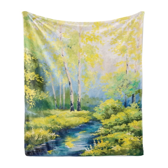 Country Soft Flannel Fleece Blanket, Pastoral Paint of a Forest in the Spring Time with Fresh Colored Leaves Trees Art, Cozy Plush for Indoor and Outdoor Use, 50" x 70", Green Blue, by Ambesonne