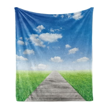 Country Soft Flannel Fleece Blanket, Pathway Towards Meadow Rural Countryside Miracle Supernatural Sky with Clouds, Cozy Plush for Indoor and Outdoor Use, 70" x 90", Blue Green Brown, by Ambesonne