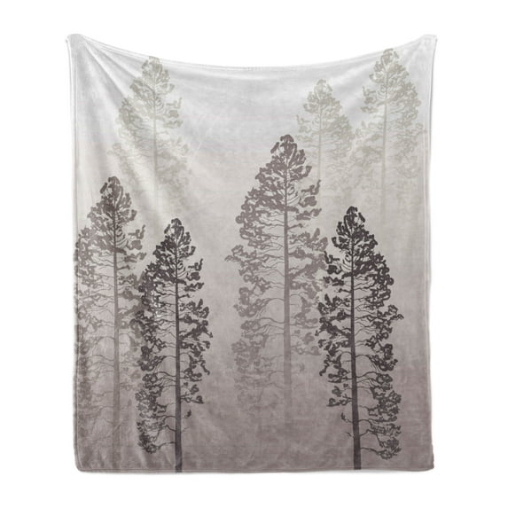 Country Soft Flannel Fleece Blanket, Pine Trees in the Forest on Foggy Seem Ombre Backdrop Wildlife Adventure Art, Cozy Plush for Indoor and Outdoor Use, 50" x 60", Pale Mauve Taupe, by Ambesonne