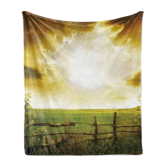 Country Soft Flannel Fleece Blanket, Sunset on the Field at Summer Wooden Hedge Springtime Meadow Morning View Print, Cozy Plush for Indoor and Outdoor Use, 50" x 60", Green Yellow, by Ambesonne