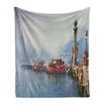 thumbnail image 1 of Country Soft Flannel Fleece Blanket, View of a Misty Morning at the Harbor with Boats and Birds in Old Fishing Town Art, Cozy Plush for Indoor and Outdoor Use, 50" x 70", Multicolor, by Ambesonne, 1 of 6