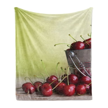 Country Soft Flannel Fleece Throw Blanket, Bucket with Full of Ripe Natural Tasty Cherries on Green Ombre Fruit Bowl Picture, Cozy Plush for Indoor and Outdoor Use, 70" x 90", Red Green, by Ambesonne