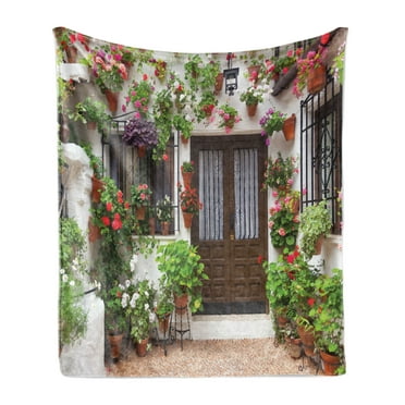 Country Soft Flannel Fleece Throw Blanket, Colorful House Design with Bunch of Flowers in Pots European Architecture Theme, Cozy Plush for Indoor and Outdoor Use, 50" x 70", Multicolor, by Ambesonne
