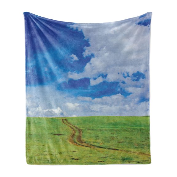 Country Soft Flannel Fleece Throw Blanket, Earth Path Road on Grass Field Plateau Rural Countryside View with Clouds Image Print, Cozy Plush for Indoor and Outdoor Use, 50" x 60", Blue, by Ambesonne