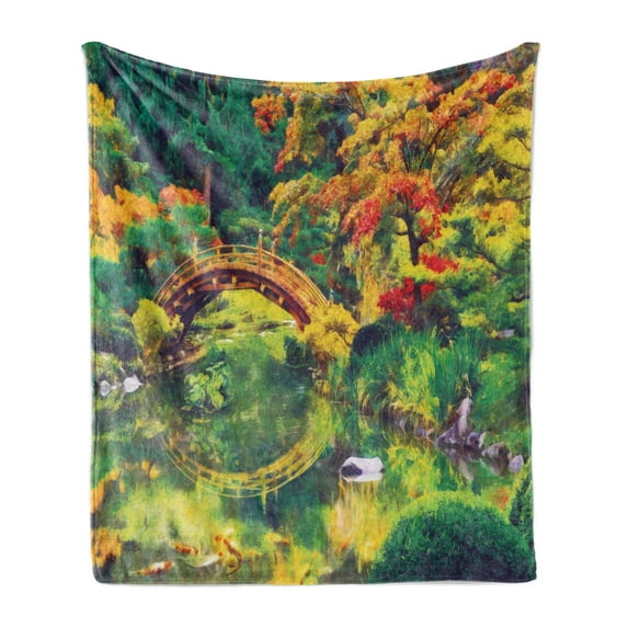 Country Soft Flannel Fleece Throw Blanket, Fairy Image of a Japanese Garden with an Old Bridge the Lake Nature Print, Cozy Plush for Indoor and Outdoor Use, 60" x 80", Green Orange, by Ambesonne