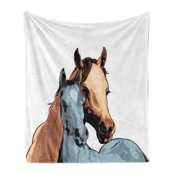Country Soft Flannel Fleece Throw Blanket, Farm Life Warehouse Country Horses Watercolored Abstract Image, Cozy Plush for Indoor and Outdoor Use, 50" x 60", Pale Caramel Turquoise, by Ambesonne