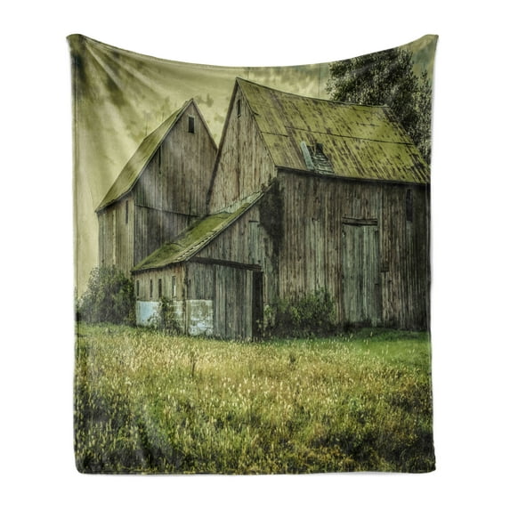Country Soft Flannel Fleece Throw Blanket, Farmer Field Barn Warehouse Midwest American Style Antique Artwork Print, Cozy Plush for Indoor and Outdoor Use, 50" x 60", Multicolor, by Ambesonne