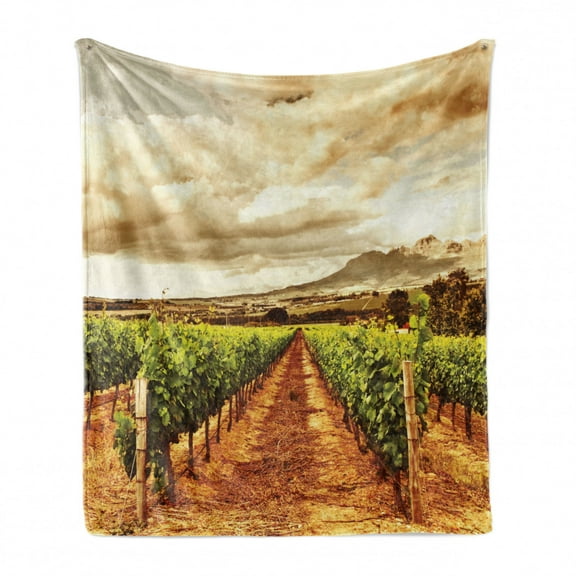 Country Soft Flannel Fleece Throw Blanket, Grape Valley Clouds over Vineyard Fruit Plantation Digital Print, Cozy Plush for Indoor and Outdoor Use, 50" x 70", Burnt Orange Off White, by Ambesonne