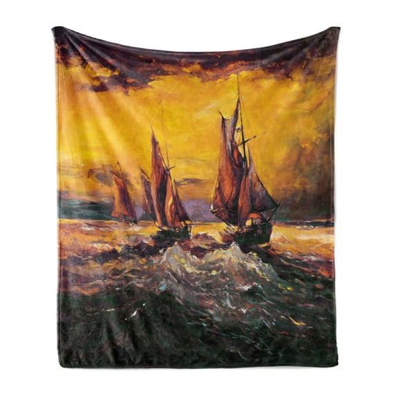 Country Soft Flannel Fleece Throw Blanket, Image of Old Sailboats Ships Cruising in Waves at Sunrise Time Dark Sky Art, Cozy Plush for Indoor and Outdoor Use, 50" x 70", Yellow Orange, by Ambesonne