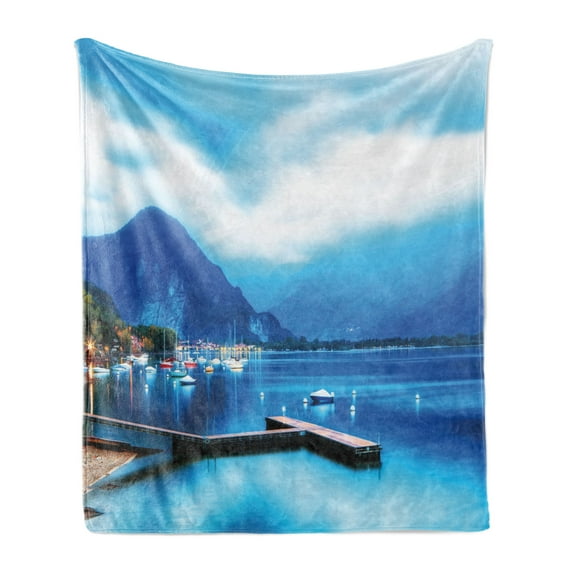 Country Soft Flannel Fleece Throw Blanket, Italian Village with Harbor and Sail Boats Countryside Cottage Life Rural Photo, Cozy Plush for Indoor and Outdoor Use, 60" x 80", Blue, by Ambesonne