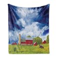 thumbnail image 1 of Country Soft Flannel Fleece Throw Blanket, Landscape Scenery View Warehouse Barn Clear Clouds Fields Photo, Cozy Plush for Indoor and Outdoor Use, 50" x 70", Apple Green White, by Ambesonne, 1 of 6