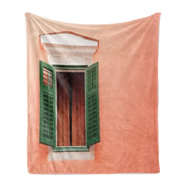 Country Soft Flannel Fleece Throw Blanket, Mediterranean Style Image of Window and Shutters Old House Rural Rustic, Cozy Plush for Indoor and Outdoor Use, 50" x 70", Orange Green White, by Ambesonne