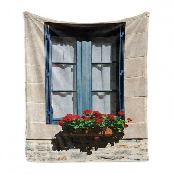 Country Soft Flannel Fleece Throw Blanket, Mediterranean Style Window Open Shutters Image French Urban Life Theme Print, Cozy Plush for Indoor and Outdoor Use, 50" x 60", Blue Grey, by Ambesonne