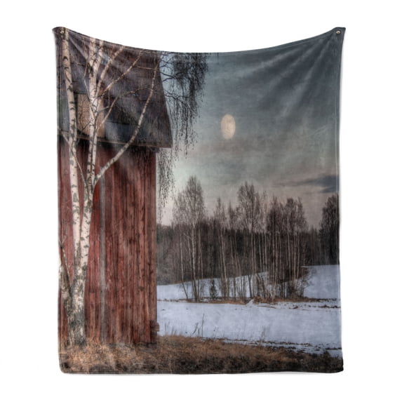 Country Soft Flannel Fleece Throw Blanket, Moonlight House Trees Winter Season View Barren Nature Themed Composition, Cozy Plush for Indoor and Outdoor Use, 60" x 80", Brown and Beige, by Ambesonne