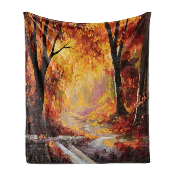 Country Soft Flannel Fleece Throw Blanket, Paint of a Forest with Autumn Color Leaves Fall Time Sadness Season Theme Art, Cozy Plush for Indoor and Outdoor Use, 50" x 60", Orange Brown, by Ambesonne