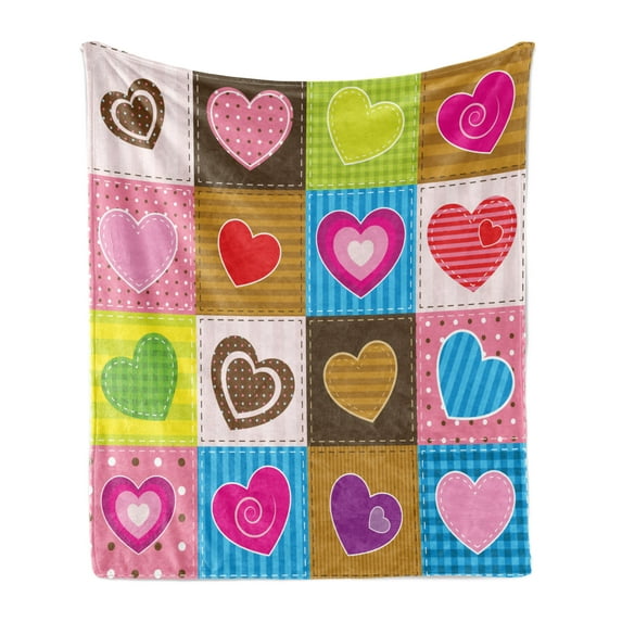 Country Soft Flannel Fleece Throw Blanket, Patchwork Themed Heart Shaped with Varying Backgrounds Love Artwork, Cozy Plush for Indoor and Outdoor Use, 70" x 90", Multicolor, by Ambesonne