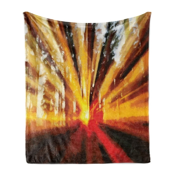 Country Soft Flannel Fleece Throw Blanket, Photo of Sunbeams Trees at Sunset in the Forest Nature Scenery Print, Cozy Plush for Indoor and Outdoor Use, 70" x 90", Yellow Orange, by Ambesonne