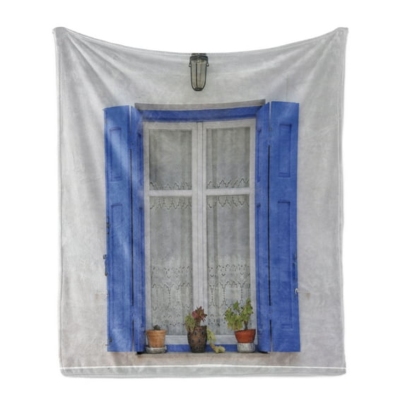 Country Soft Flannel Fleece Throw Blanket, Typical Greek Style Wooden Window Shutters with Flowers Mediterranean Life, Cozy Plush for Indoor and Outdoor Use, 50" x 70", White Turquoise, by Ambesonne