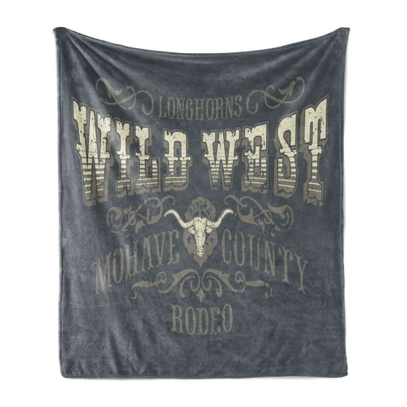 Country Soft Flannel Fleece Throw Blanket, Wild West Mohave County Rodeo Longhorns Calligraphic Grunge Layout, Cozy Plush for Indoor and Outdoor Use, 50" x 70", Dark Grey Eggshell Cocoa, by Ambesonne