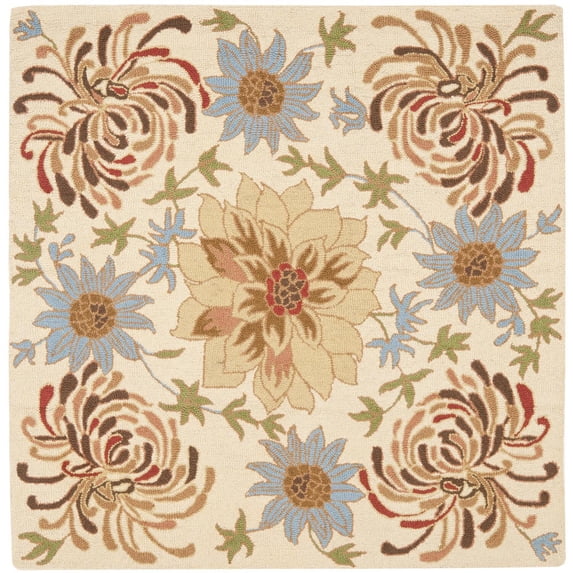 Country & Floral Rug - Blossom Wool Pile -Beige/Multi-Color:Beige/Multi,Design:Country & Floral,Shape:Square,Size:6'LX6'W