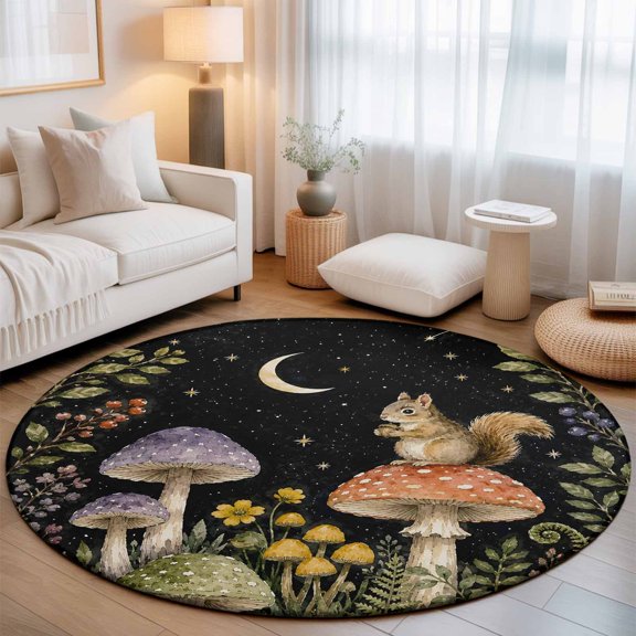 Country Squirrel 8' Round Rugs for Open Concept Living Room Seating Zone, Midnight Moon Forest Red Purple Mushroom Green Plant Washable Non Slip Mats Large Circle Lounge Area Area Rug