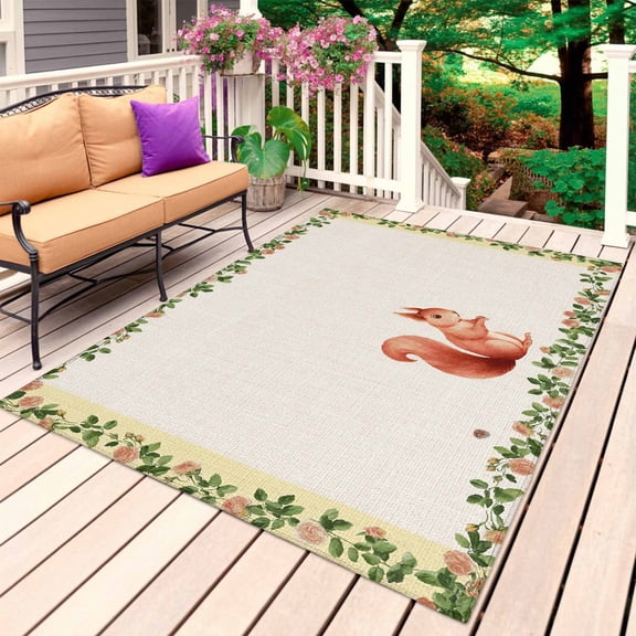 Country Squirrels Outdoor Rug for Patio/Deck/Porch, Non-Slip Large Area Rug 5 x 8 Ft, Farmhouse Rustic Flower Leaf Plant Beige Indoor Outdoor Rugs Washable Area Rugs, Camping Rug Carpet Runner