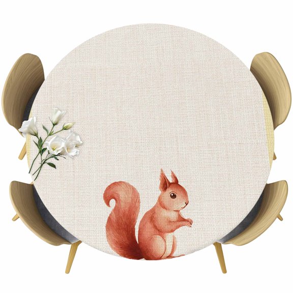 Country Squirrels Round Tablecloth 36-44 Inch Round Fitted Table Cloth with Elastic Edge, Farmhouse Rustic Flower Leaf Plant Beige Waterproof Table Cover Protector for Outdoor Picnic Party Dining