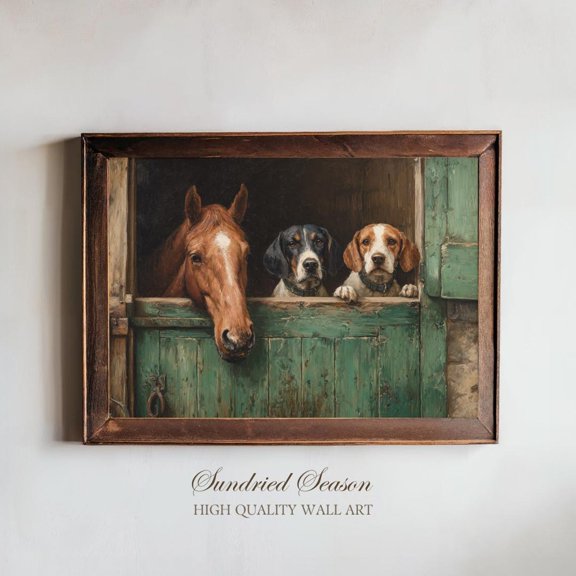 Country Stable Companions Horse Two Dogs Portrait Cozy Farm