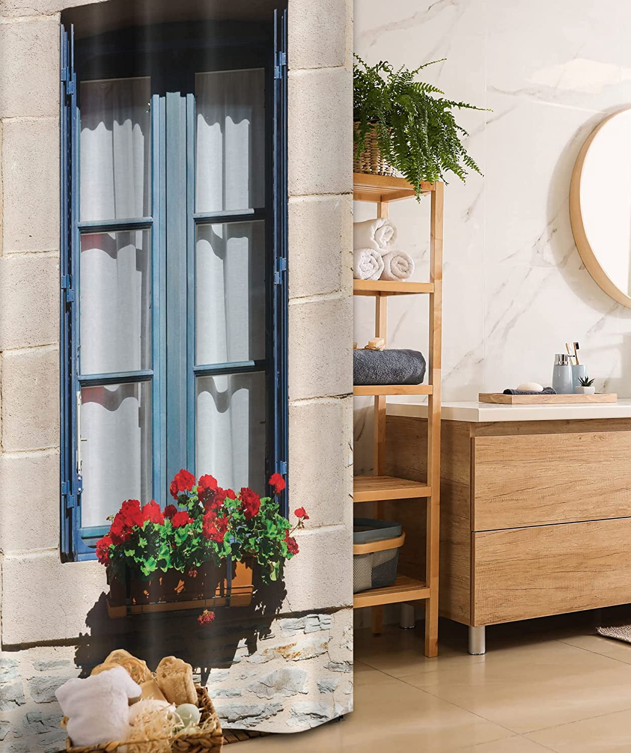 Country Stall Shower Curtain, Mediterranean Style Window Open Shutters Image French Urban Life Theme Print, Fabric Bathroom Decor Set with Hooks, 36" W x 72" L, Blue Grey