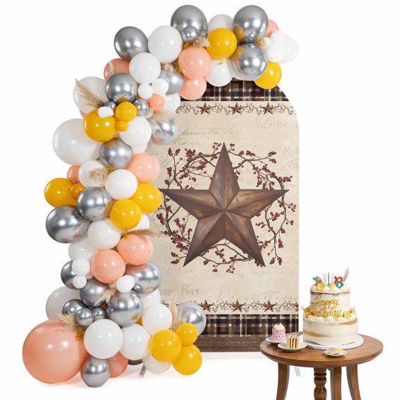Country Star Arch Backdrop Cover 5FT Rust Yellow Stars Berry Linen Texture Plaid Wood Grain Spandex Fitted Arch Covers Stretchy Backdrop Decoration for Wedding Birthday Graduation Party