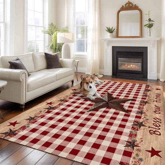 Country Star Area Rugs 5x7 ft Farmhouse Texas Star Vintage Red Plaid Washable Rug Non Slip Indoor Carpet Absorbent Floor Mat for Living Room Bedroom Dining Room