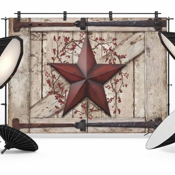 Country Star Backdrop for Photography, Vintage Dark Black Red Star Berry Beige Barn Gate Photo Backdrop Portrait Background Party Banner Photo Backgrounds for Studio Booth Props, 7x5ft