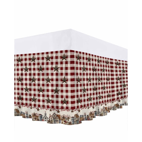 Country Star Bed Skirt Barn Bucket Farmhouse Red Buffalo Plaid Bed Skirts King Size 18 Inch Drop, Wrap Around Dust Ruffle Bedskirt with Adjustable Elastic Belt for Queen Size Beds