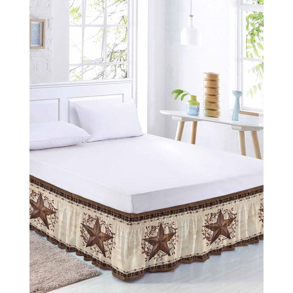 Country Star Bed Skirt California King Size 18 Inch Drop, Rust Yellow Stars Berry Linen Texture Plaid Wood Grain Adjustable Elastic Dust Ruffles Bedskirt Wrap Around Pleated Mattress Frame Cover