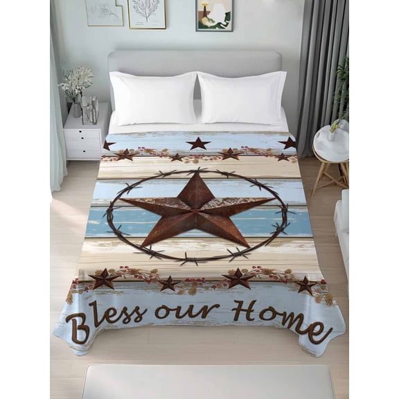 Country Star Blue California King Size Flat Sheet, Wrinkleproof & Fadeproof Cooling Flat Bed Sheet Only, Farmhouse Western Texas Star Barn Breathable Soft Bedding Top Sheets 108 x 98 Inches