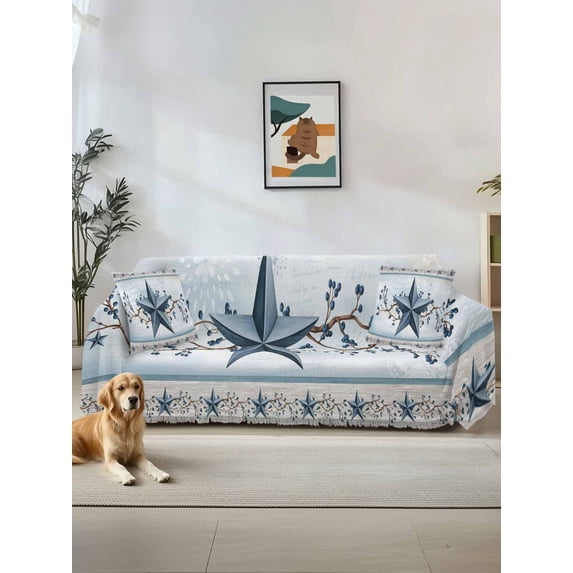 Country Star Blue Couch Cover for 2 Cushion Couch, Farmhouse Vintage Branches Wooden Washable Love Seat Sofa Covers Slipcover, Throw Sofa Covers for Pets, Furniture Protector 71"x102"