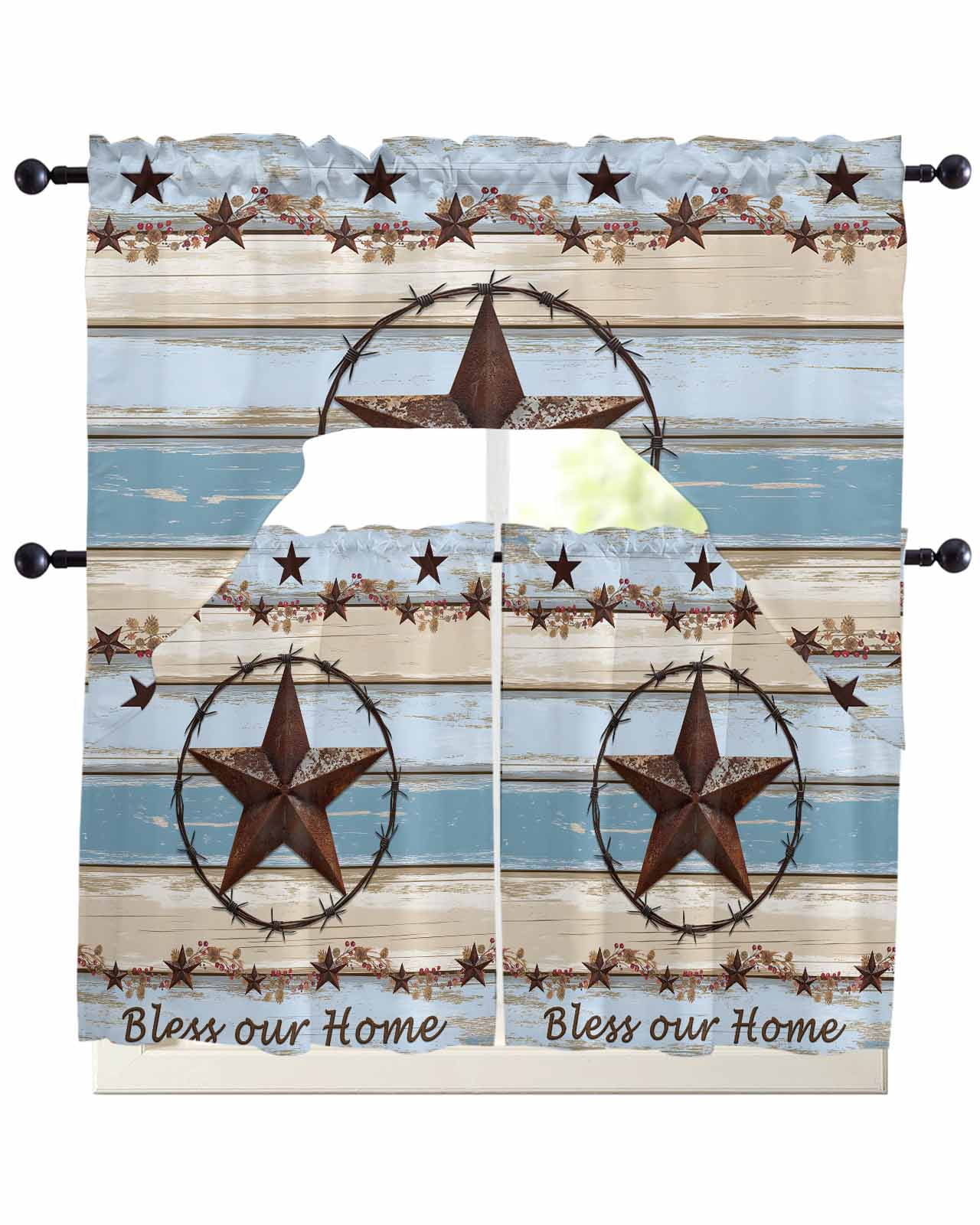 Country Star Blue Kitchen Curtains Swag Valance and Tier Curtains Set ...