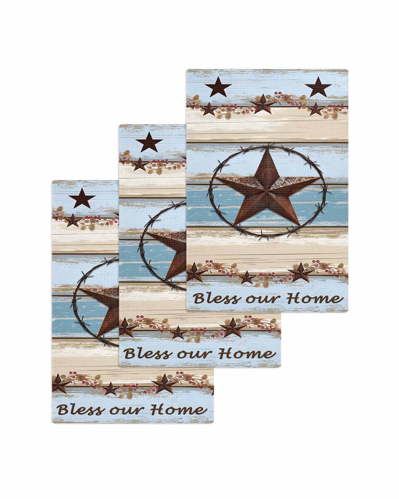 Country Star Blue Kitchen Dish Towels for Drying Dishes Set of 3, Farmhouse Western Texas Star Barn Waffle Weave Microfiber Terry Hand Tea Bathroom Towels Quick Dry & Absorbent Towel 15.7x23.6