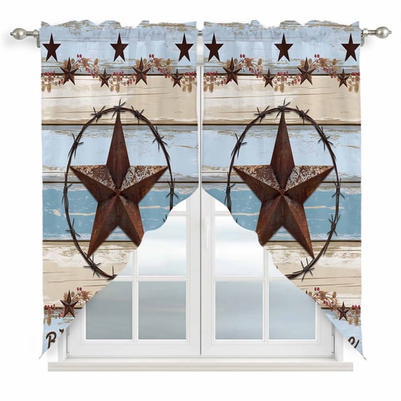 Country Star Blue Kitchen Window Curtains, Swag Curtains Valance for Bedroom Living Room Bathroom, Farmhouse Western Texas Star Barn Rod Pocket Window Treatment Curtain Block Drapes 2 Panels 36"x36"
