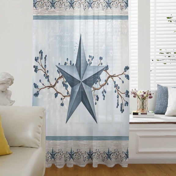 Country Star Blue Sheer Curtains 54 Inches Long for Living Room/Bedroom, Farmhouse Vintage Branches Wooden Rod Pocket Voile Kitchen Curtains & Drapes Window Treatment 1 Panel, 52"W x 54"L
