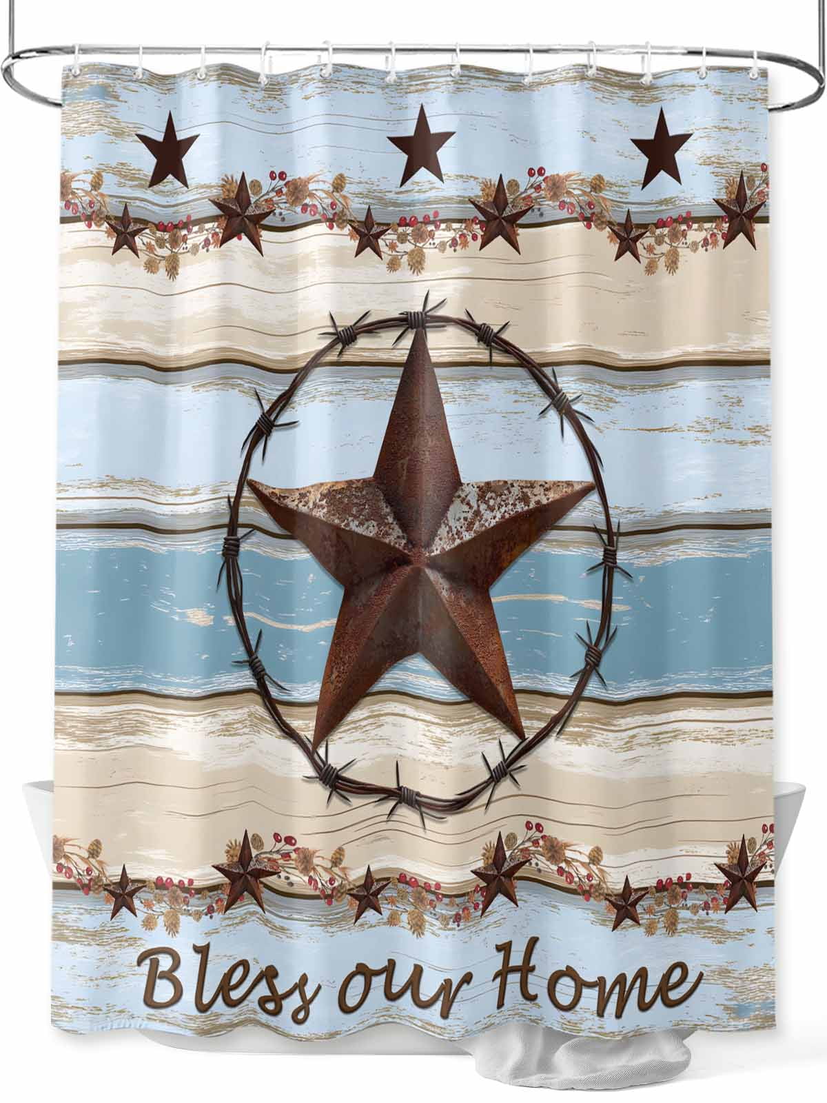 Country Star Blue Shower Curtain Set with Hook Washable Cloth Polyester