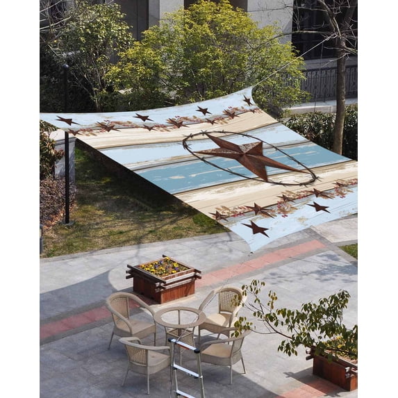 Country Star Blue Sun Shade Sail 12'x16' Rectangle Outdoor Shade Canopy, Farmhouse Western Texas Star Barn Porch Shades Outdoor Sun Blocking Screen, Sunshade Cloth Covers for Patio/Deck/Garden