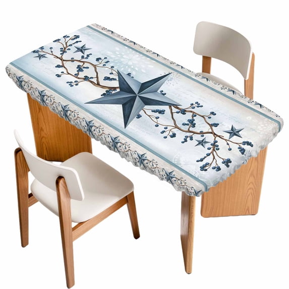 Country Star Blue Table Cloths for 3 Foot Rectangle Tables, Farmhouse Vintage Branches Wooden Patio Waterproof Elastic Fitted Tablecloths, Washable Rectangular Table Cover for Camping