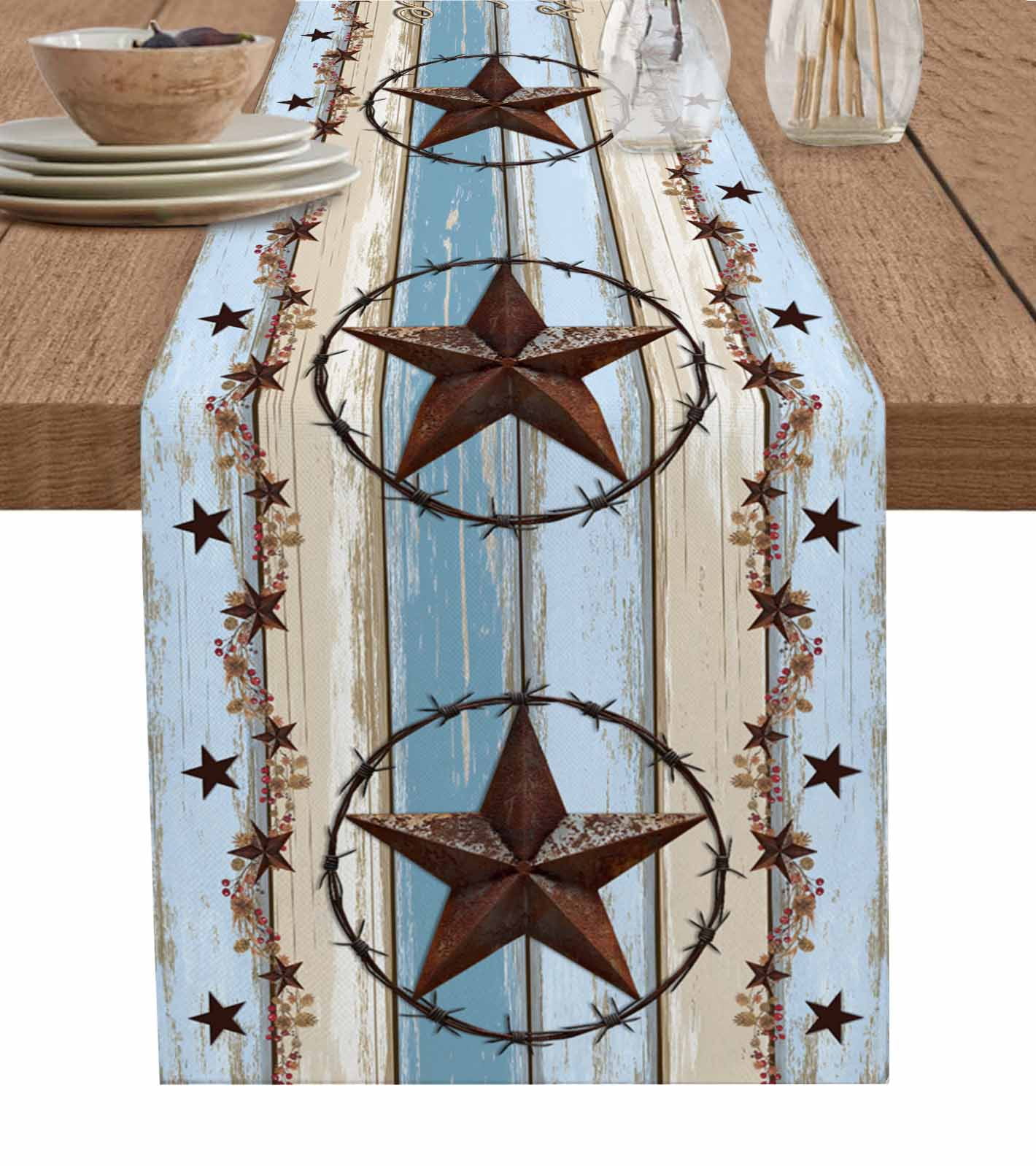 Country Star Blue Table Runner 70 Inches, Farmhouse Western Texas Star Barn Bed Runner Dresser Scarves Tabletop for Indoor Outdoor Parties/Ceremony/Banquet, 13" x 70"