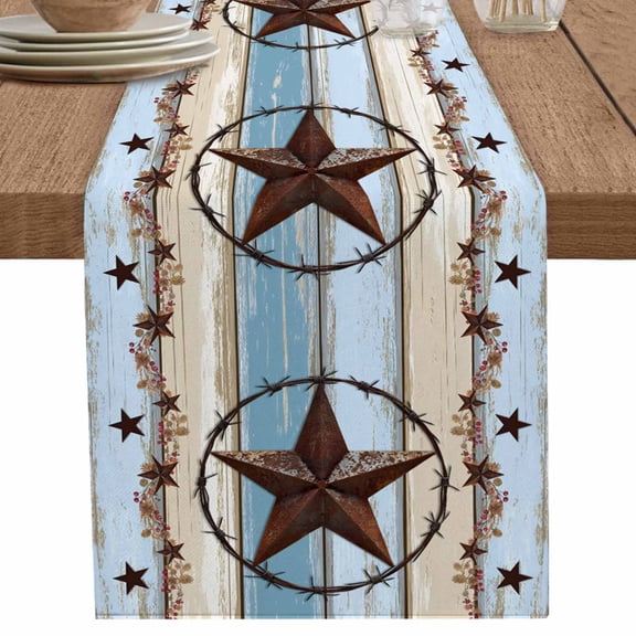 Country Star Blue Table Runner 90 Inches Long for Dining Table Decor,Farmhouse Western Texas Star Barn Burlap Linen Farmhouse Table Runner Coffee Table Runners Dresser Scarf for Kitchen Party Holiday