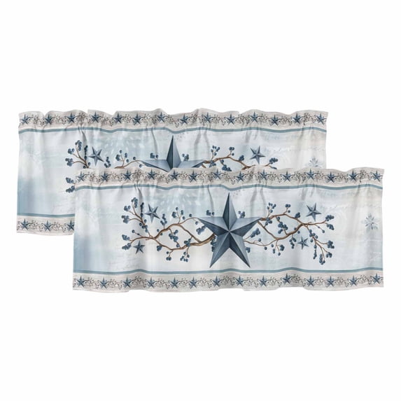 Country Star Blue Valances for Windows, Decorative Rod Pocket Window Valance Curtains, Farmhouse Vintage Branches Wooden Short Curtain Drapes for Kitchen/Bathroom/Living Room, 2 Panels, 42" W x 12" L