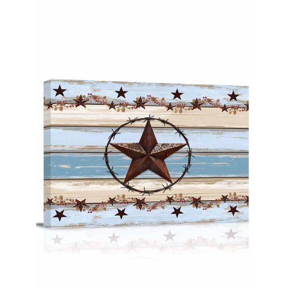 Country Star Blue Wall Art for Living Room,Canvas Picture Wall Decor for Bathroom Bedroom,Farmhouse Western Texas Star Barn Painting Artwork for Office Kitchen Hallway Dining Room Home Decor 16"x20"
