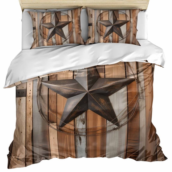 Country Star Brown Bedding 3 Piece Duvet Cover Set Full Size, Western Texas Vintage Farmhouse Wooden Soft Microfiber Comforter Cover with Zipper Closure & Pillowcases, FadeResistant Quilt Cover